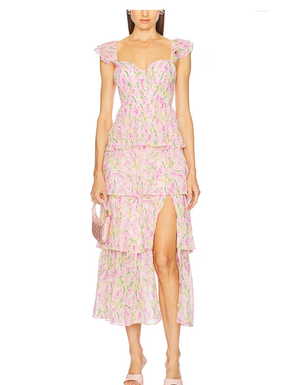 Astr Pink Floral Tiered Midi Dress with Front Slit